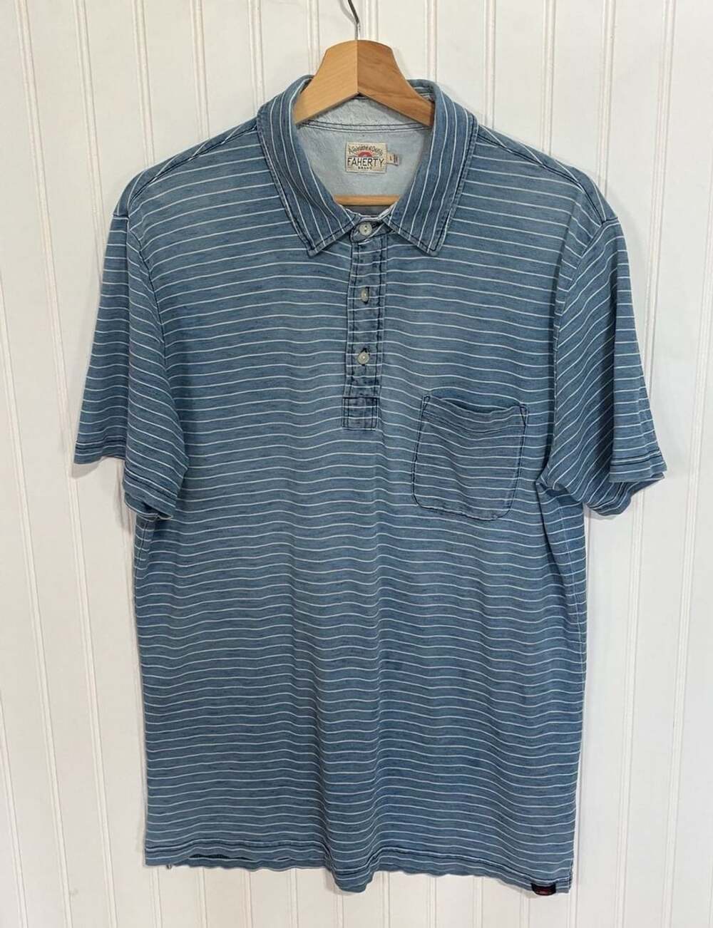 Faherty Baypoint Stripe Polo Size L Blue White Indigo Dyed Pocket